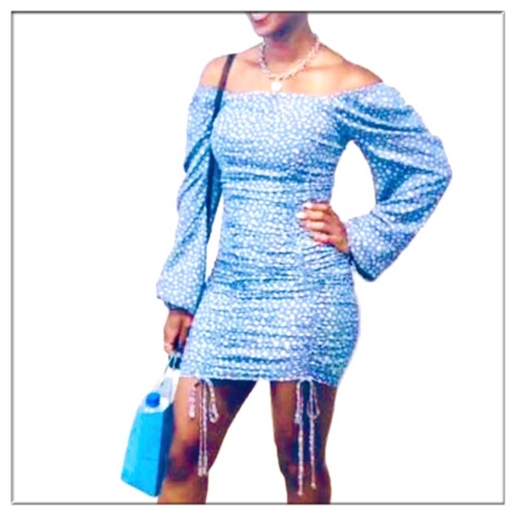 SOLD-Bianca Puff long sleeve Double Ruched blue dress - Picture 5 of 8